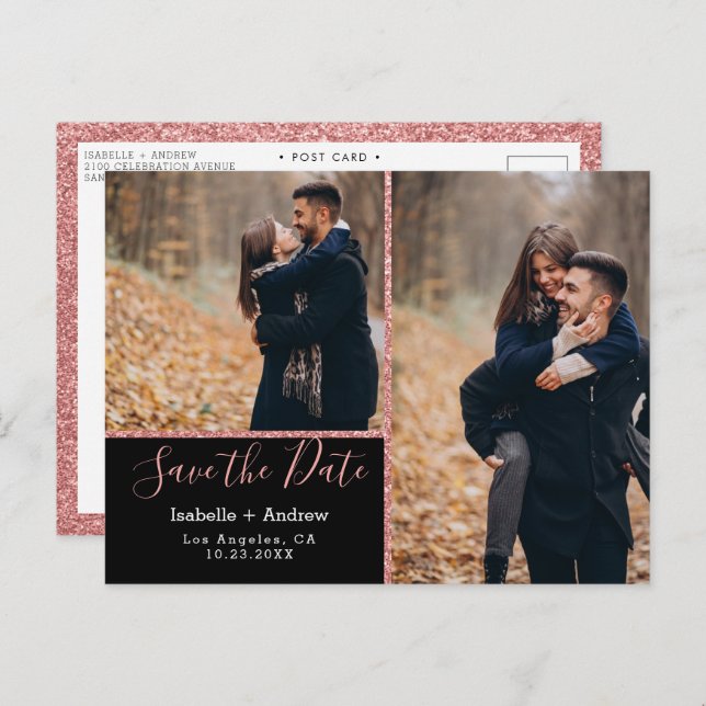 Elegant Photo Black Rose Glitter Save the Date Announcement Postcard (Front/Back)