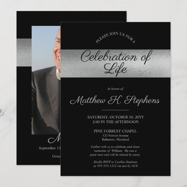 Elegant Photo Black  | Silver Celebration of Life Invitation (Front/Back)