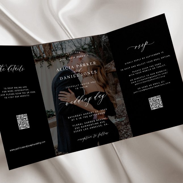 Elegant photo black wedding RSVP details QR code  Tri-Fold Invitation (Creator Uploaded)