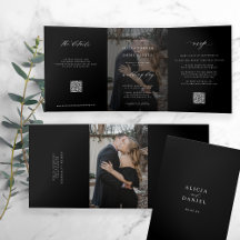 Elegant photo black wedding RSVP details QR code 