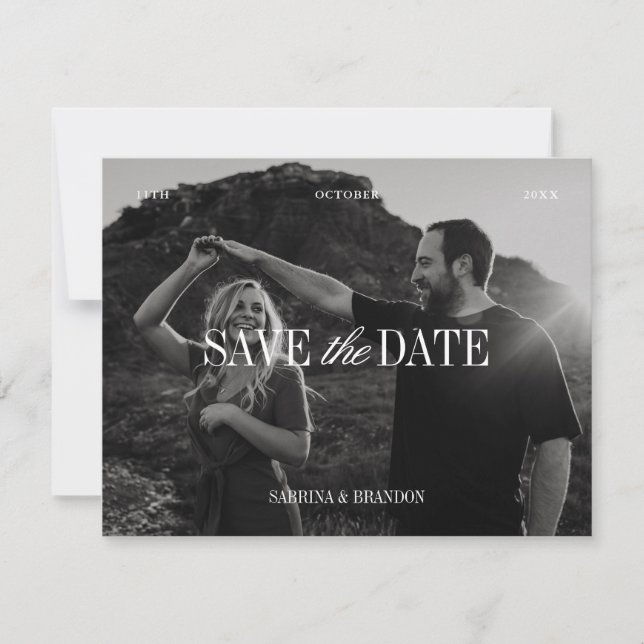 Elegant Photo Black & White Save the Date Card (Front)