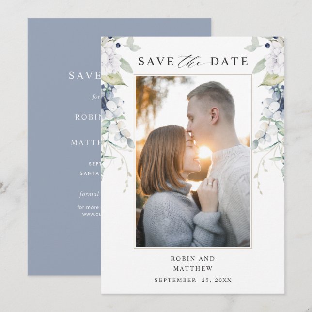  Elegant Photo, Blue and White Floral Wedding Save The Date (Front/Back)