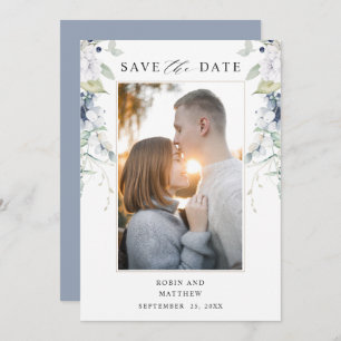 Elegant Photo, Blue and White Floral Wedding Save The Date