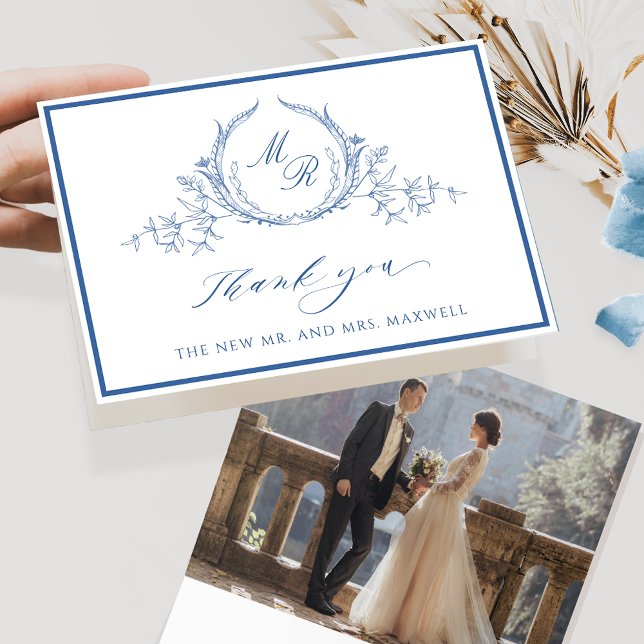 Elegant Photo, Blue Classic Monogram Wedding Thank You Card (Creator Uploaded)