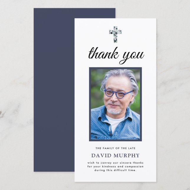 Elegant Photo Blue Floral Memorial Thank You Card (Front/Back)
