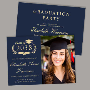 Elegant Photo Blue Gold College Graduation Party Invitation