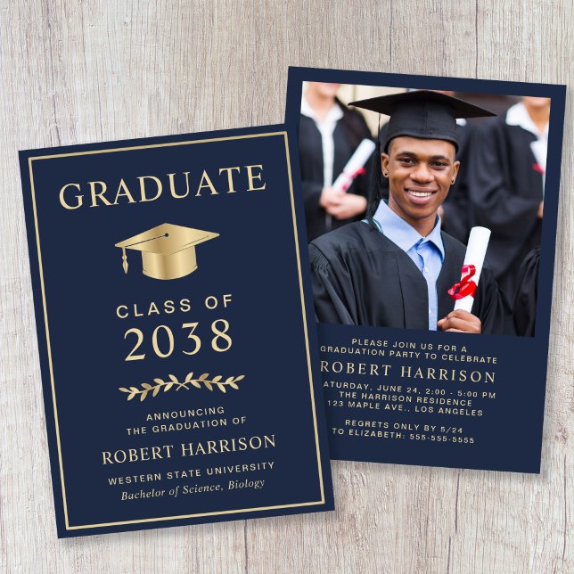 Elegant Photo Blue Gold College Graduation Party Invitation (Elegant Photo Blue Gold College Graduation Party Invitation)