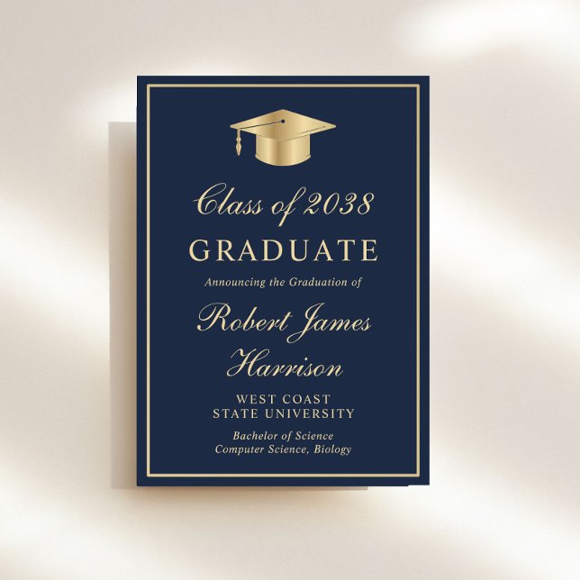 Elegant Photo Blue Gold Graduation Party Invitation (An elegant college graduation party invitation to celebrate the graduate's achievements)