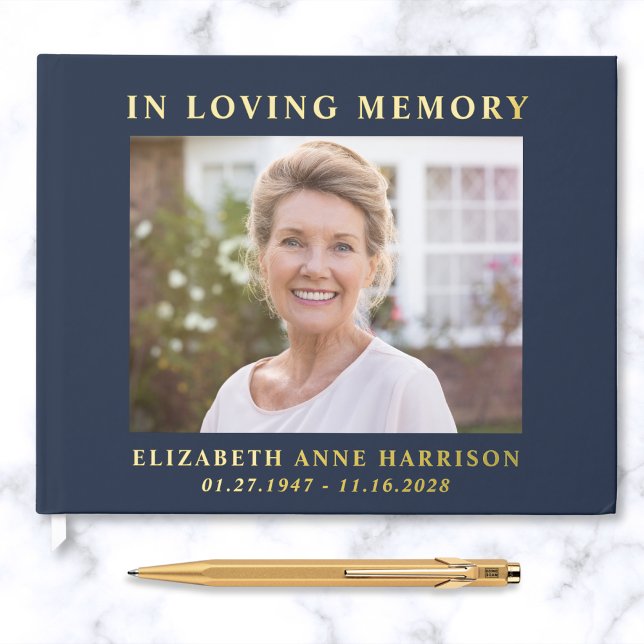 Elegant Photo Blue Gold Memorial Funeral Guest Book (Creator Uploaded)