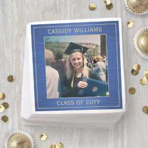 Elegant Photo Blue & Gold Modern Graduation Party Napkin