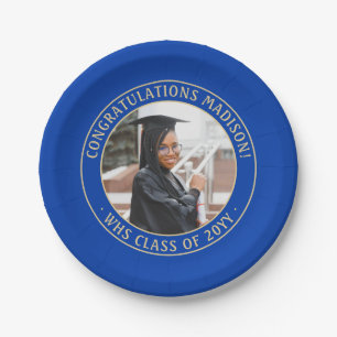 Elegant Photo Blue & Gold Modern Graduation Party Paper Plate
