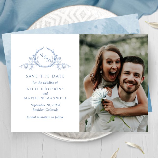 Elegant Photo Blue Monogram Wedding Save The Date (Creator Uploaded)