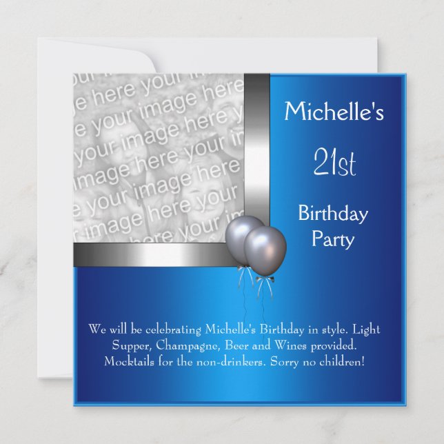 Elegant Photo Blue Silver Balloon 21st Birthday Invitation (Front)