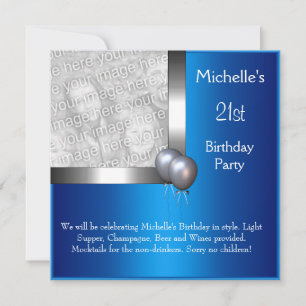 Elegant Photo Blue Silver Balloon 21st Birthday Invitation