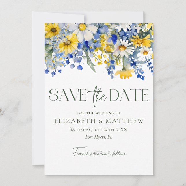 Elegant Photo Blue Yellow Wildflowers Boho Wedding Save The Date (Front)