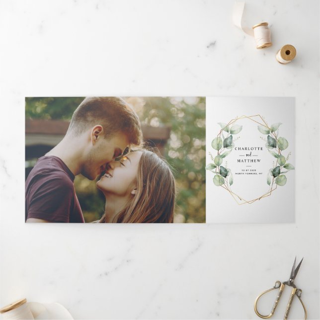 Elegant Photo Botanical Script All in One Wedding Tri-Fold Invitation (Outside)