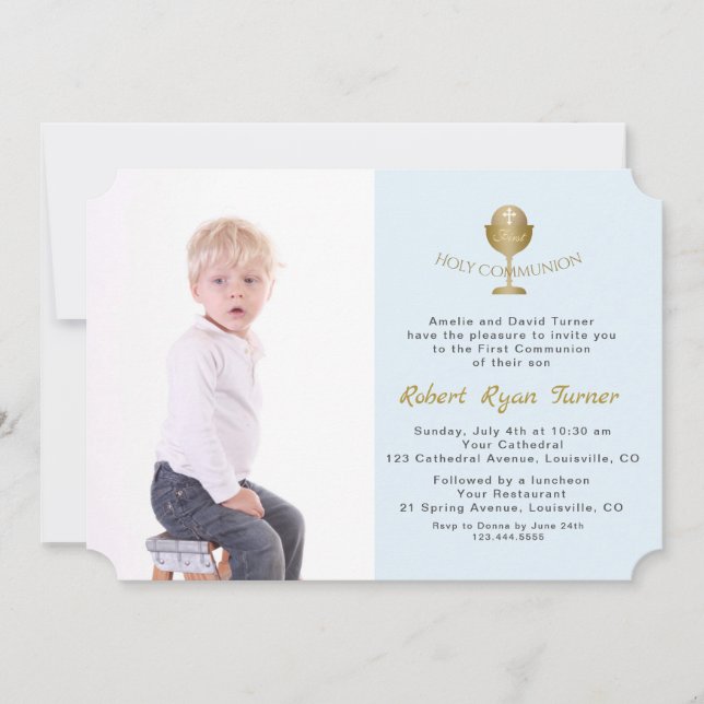 Elegant Photo Boy Gold Chalice Holy Communion Invitation (Front)
