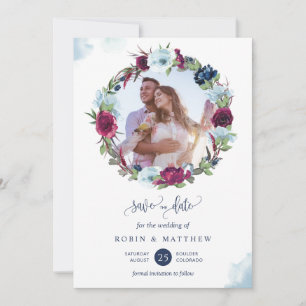Elegant Photo Burgundy Berry Blue Wreath Wedding   Save The Date