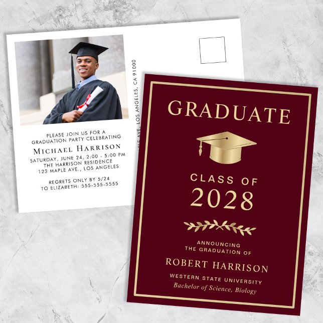 Elegant Photo Burgundy College Graduation Party Invitation Postcard (Creator Uploaded)