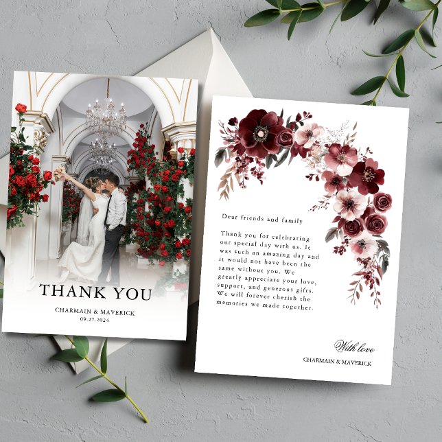 Elegant Photo Burgundy Floral Wedding Thank You Card (Creator Uploaded)