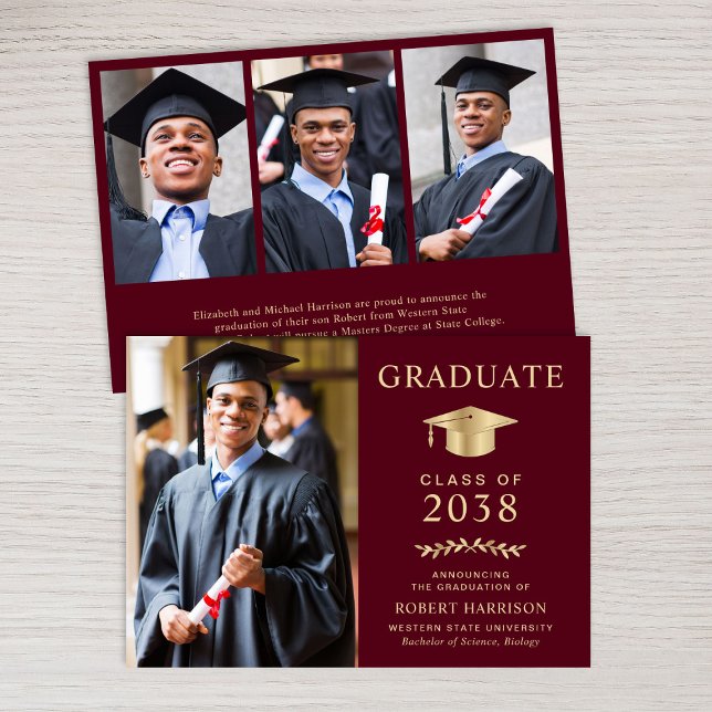 Elegant Photo Burgundy Gold College Graduation Announcement (An elegant college graduation announcement to celebrate the graduate's achievements)
