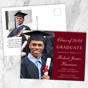 Elegant Photo Burgundy Gold College Graduation Announcement Postcard