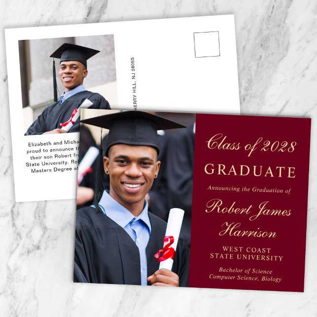 Elegant Photo Burgundy Gold College Graduation Announcement Postcard (Creator Uploaded)