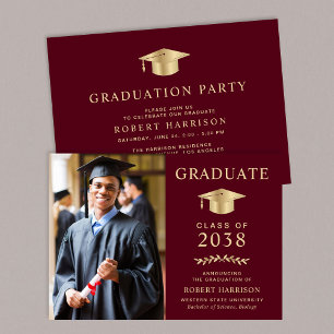 Elegant Photo Burgundy Gold Graduation Party Invitation