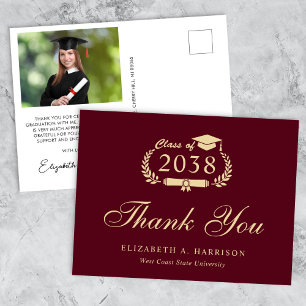 Elegant Photo Burgundy Gold Graduation Thank You Postcard