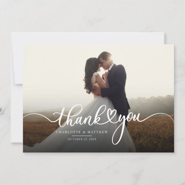Elegant Photo Calligraphy Script Wedding Thank You Card (Front)