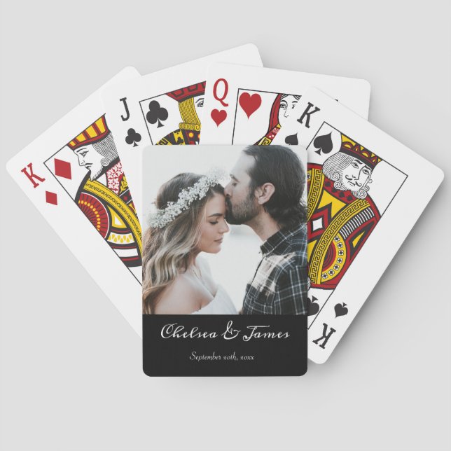 Elegant Photo Calligraphy Wedding Black & White  Playing Cards (Back)
