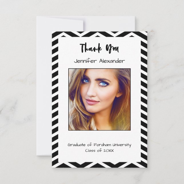 Elegant photo calligraphy white chevron graduation thank you card (Front)