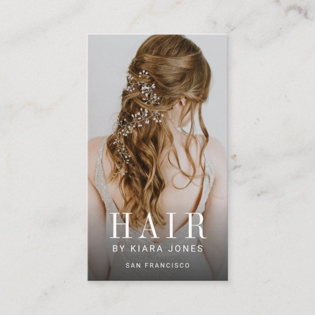Elegant Photo Cascading Hair Hair Stylist Business Card (Front)