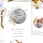 Elegant Photo Celestial Moon and Stars Wedding  Save The Date<br><div class="desc">Announce your wedding date with this elegant wedding save the date card! Design with exquisite watercolor celestial full moon, stars and modern hand written calligraphy details. Back in delicate quarter phase moon framing your photo. No need to add a circular shape image, add a normal photo and Zazzle will automatically...</div>