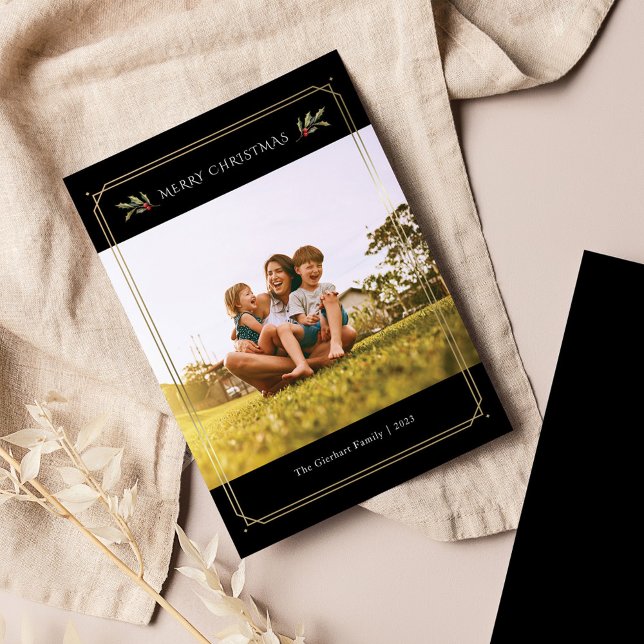 Elegant Photo Christmas Family Custom Holiday Card (Family Photo Christmas Greetings Card with Mistletoe)