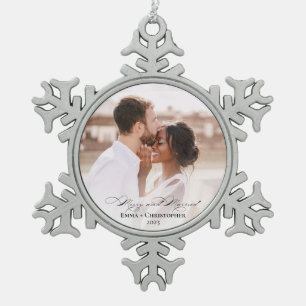Elegant Photo Christmas Modern Merry & Married Snowflake Pewter Christmas Ornament