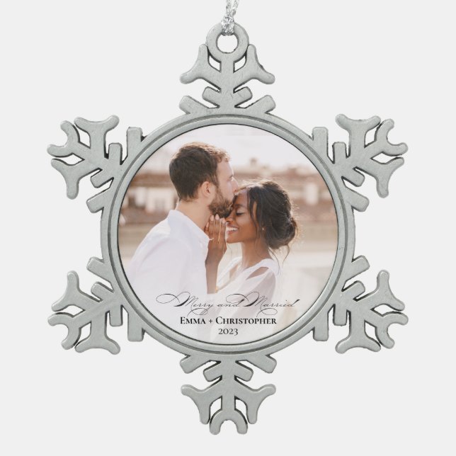 Elegant Photo Christmas Modern Merry & Married Snowflake Pewter Christmas Ornament (Front)