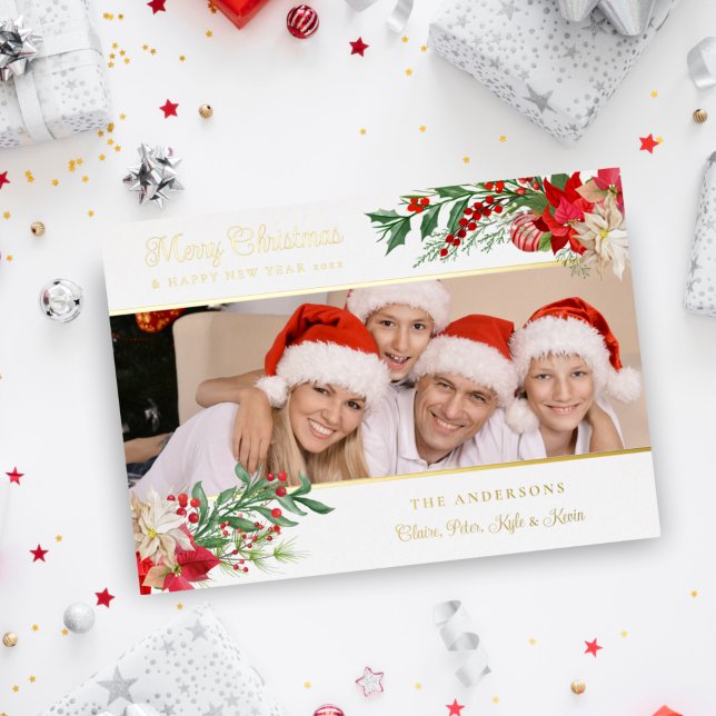 Elegant Photo Classic Merry Christmas Poinsettias  Foil Holiday Card (Creator Uploaded)
