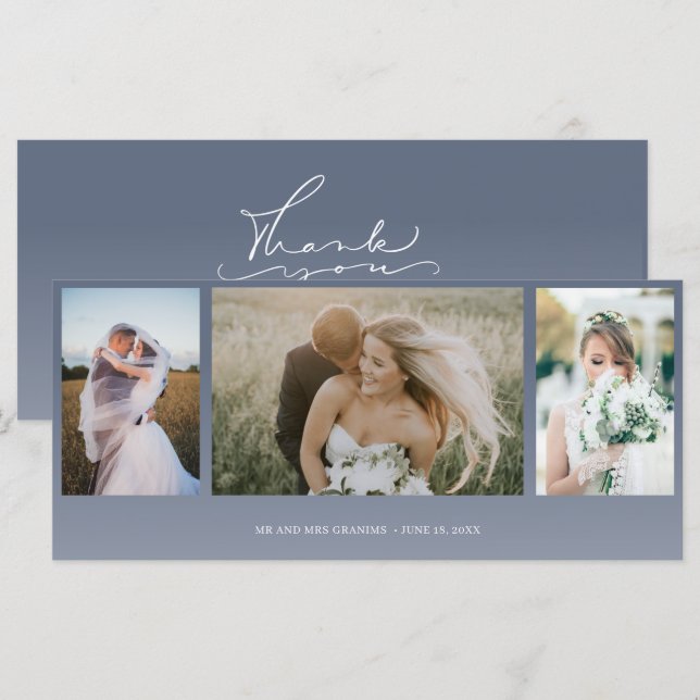 Elegant Photo Collage Blue Wedding Thank You (Front/Back)