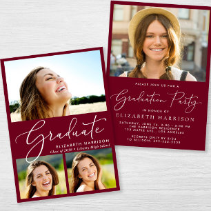 Elegant Photo Collage Burgundy Graduation Party Invitation