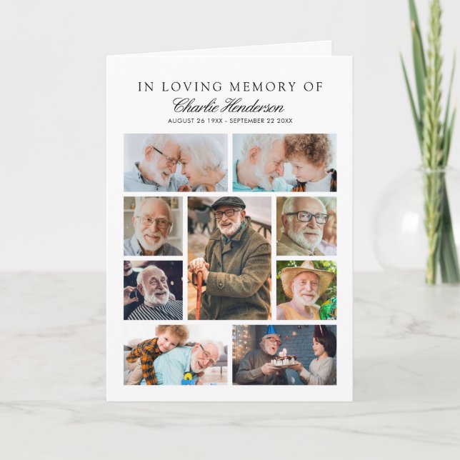 Elegant Photo Collage Folded Funeral Program Card (Front)