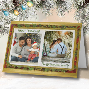 Elegant Photo Collage Gold Red Green Name Holiday Card