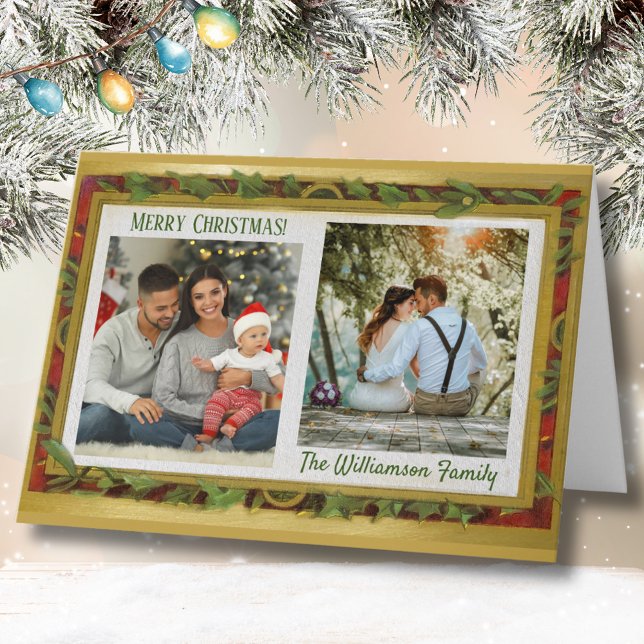 Elegant Photo Collage Gold Red Green Name Holiday Card (Creator Uploaded)