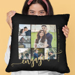 Elegant photo collage gold script engaged couple cushion<br><div class="desc">Black gold modern throw pillow template special keepsake gift for an engaged couple or newlyweds with six custom photos and a modern calligraphy script. Personalise it with your pictures and text! Please note that the background colour is changeable. You can replace the black with any other colour after selecting the...</div>