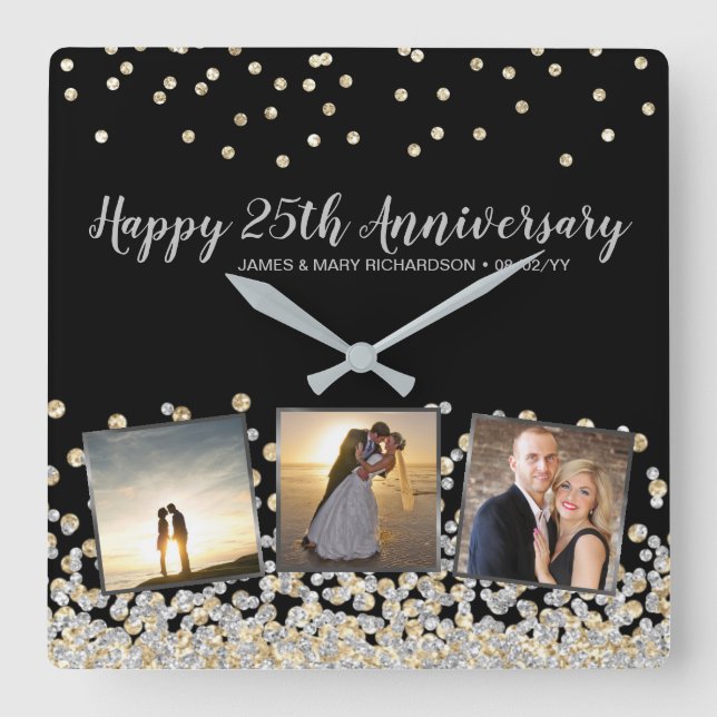 Elegant Photo Collage Gold Silver 25th Anniversary Square Wall Clock (Front)