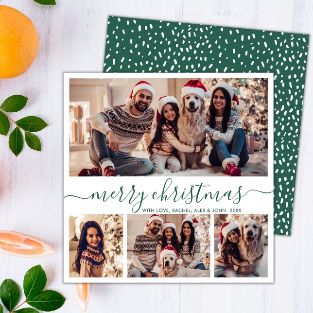 Elegant Photo Collage Green Script Snowy Christmas Holiday Card (Creator Uploaded)