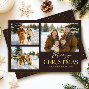 Elegant Photo Collage Merry Christmas Black Gold Foil Holiday Card