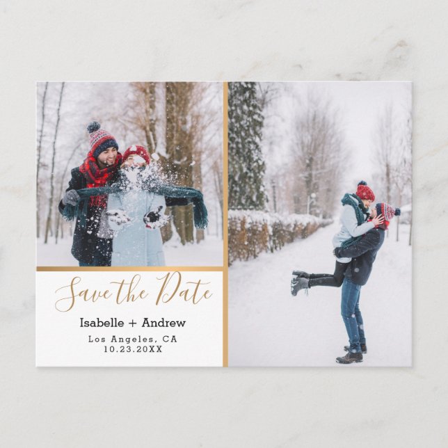 Elegant Photo Collage Metallic Gold Save the Date Announcement Postcard (Front)