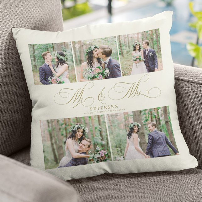 Elegant photo collage Mr and Mrs name personalised Cushion (Creator Uploaded)