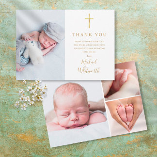 Elegant Photo Collage Signature Script Baptism Thank You Card